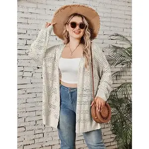 Women’s plus-size crochet kimono cardigan, boho long sleeves, oversized summer open-front knitted sweater, casual knitwear, batwing design