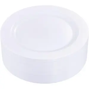 I00000 50Pcs White Plastic Dinner Plates 10 Inch, Premium Disposable Party Plates, Safe and Reusable, Heavy Duty Plastic Plates for Wedding Valentine's Day Party