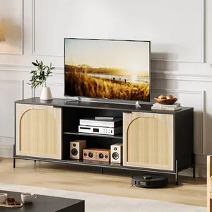 GARVEE Rattan TV Stand for 75-Inch TVs: Mid Century Modern Console with Cabinets & Open Compartments, Farmhouse Style Entertainment Unit with Adjustable Shelf for Living Room & Bedroom