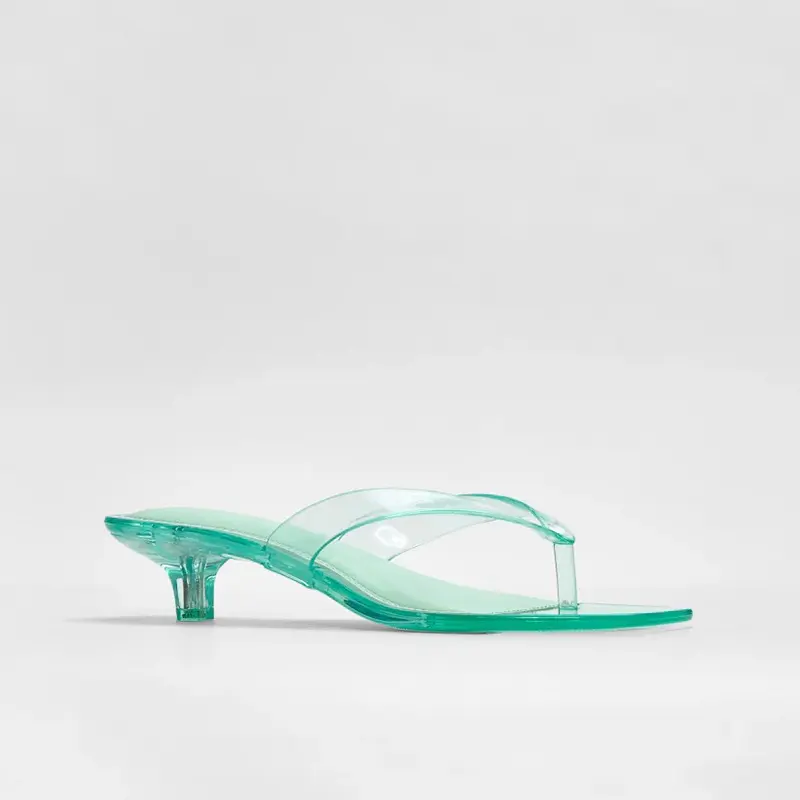 JUSTFAB Women's PVC Slip-On Thong Mules - 1.5in Mini Kitten Heels, Square Toe Jelly Footwear, Bare Foot Visual Effect, Casual Walking Shoes for Coastal Resort Sightseeing & City Shopping