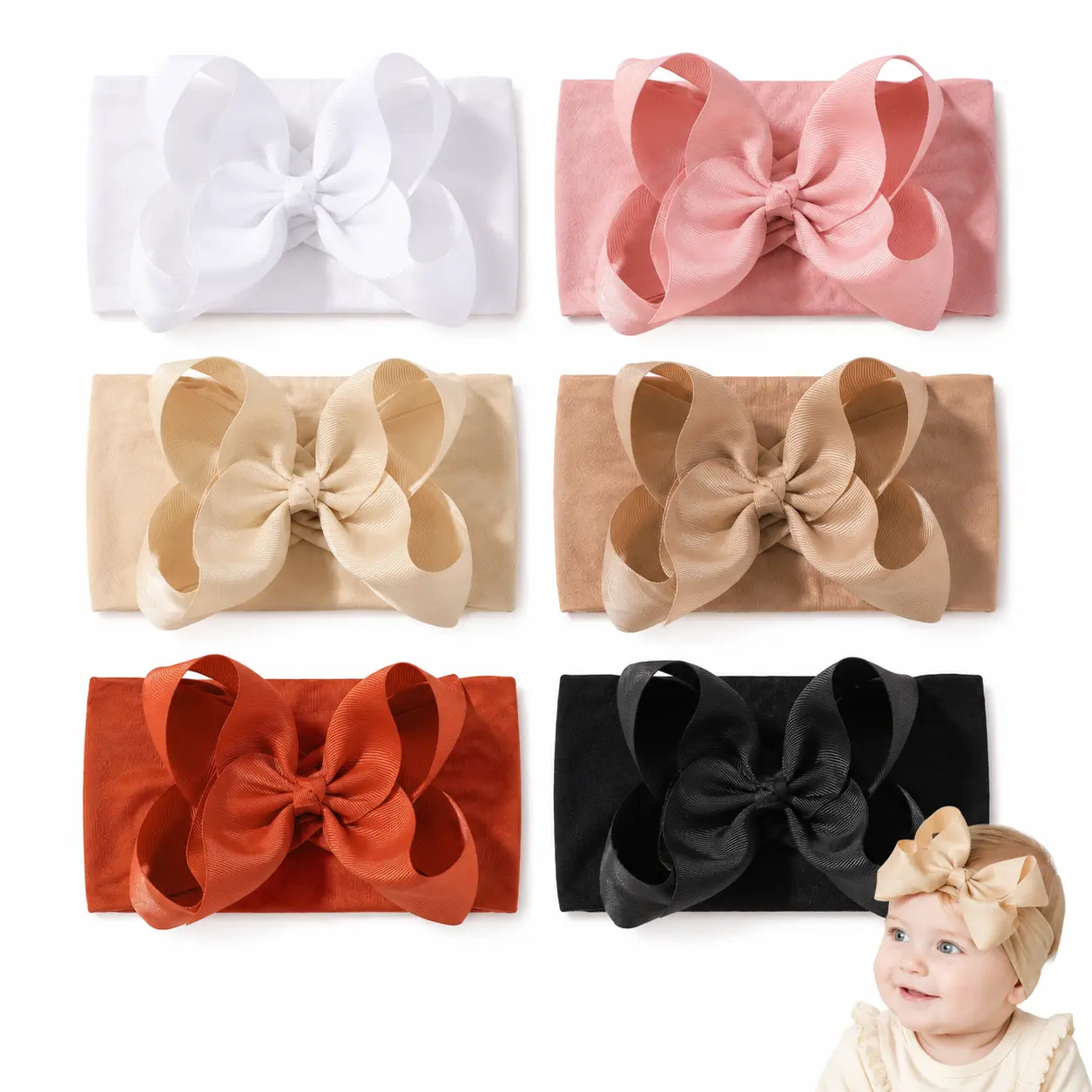 6PCS Cute Baby Bow Hair Clips,Baby Girl Bows Big Baby Headbands,Ribbon Bow Nylon Headbands,High Elastic Soft Hair Accessories for Baby Girls Infant Newborn Toddler