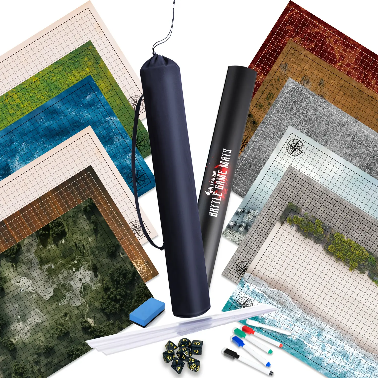 XKALZOR 3 Pack DND Battle Map, With Accessories, 1 Shoulder Bag, 6 Terrain 24x36,1 Inch Grids Dry Erase Battle Mats, Lay Flat Easier Clips,Double-Sided for The Dungeons & Dragons Role Playing Tabletop Game