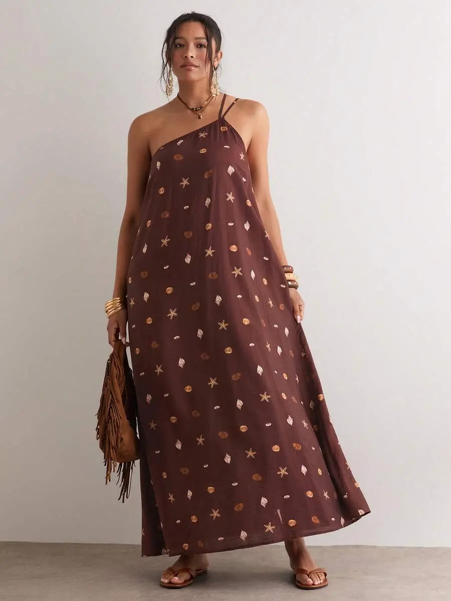 OGKN Women's Boho 1-Shoulder Asymmetrical Maxi Dress, Brown Seashell Starfish Print, Loose Flowy Black And Gold Casual Fabric, Summer Beach Holiday Resort Sundress