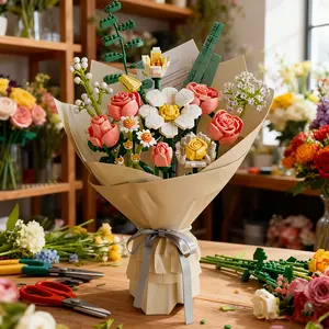 Creative Building Block Bouquet, Artificial Roses Bouquet, 864pcs Colorful Building Block Flower, DIY Brick Toys with Exquisite Paper Packaging and Cards, Suitable for Gift Giving
