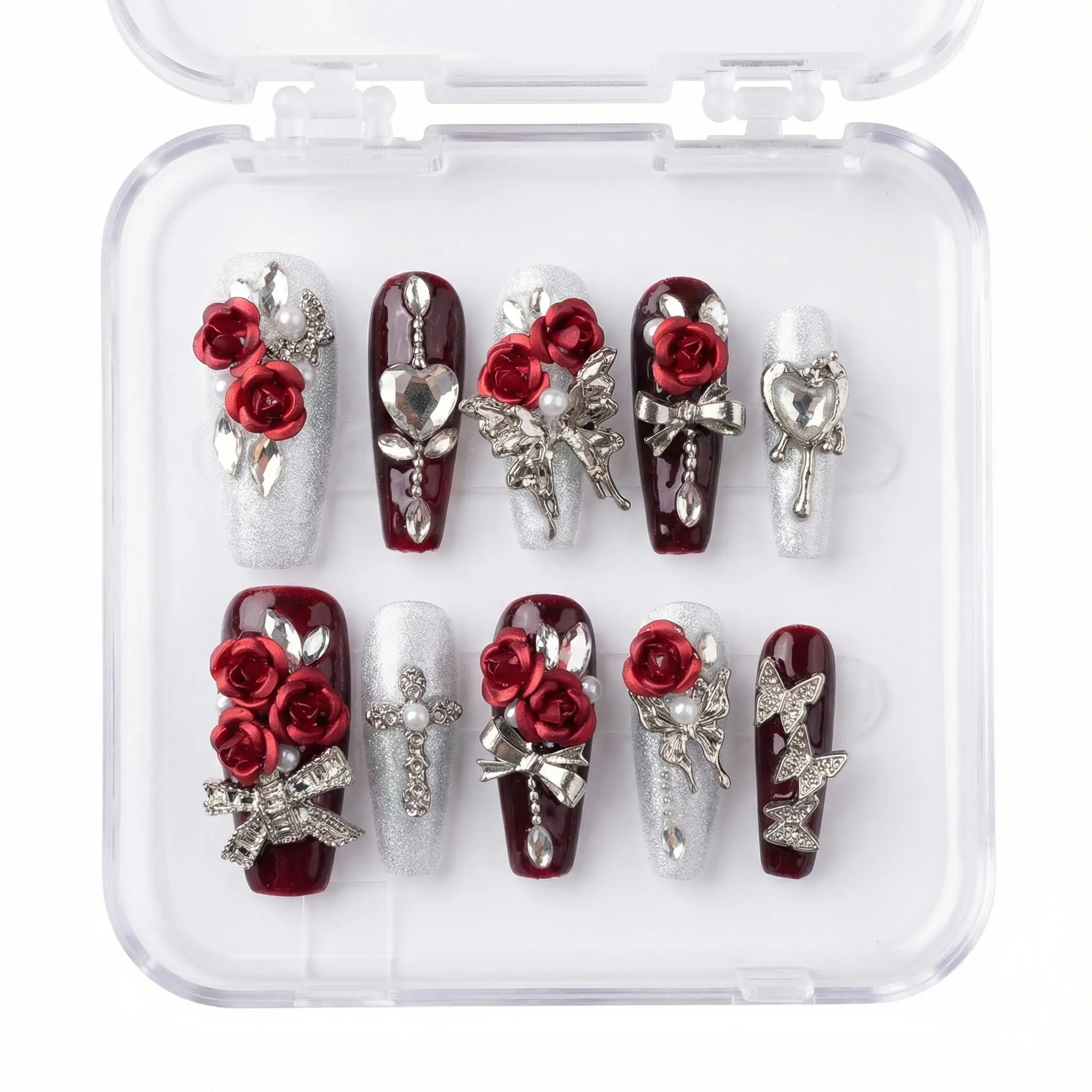 Handmade Reusable Luxury Press-on Nails with Gold Accents & Crystal Crosses Salon-quality Finish Selectable Size Valentine's Day Gift for Women
