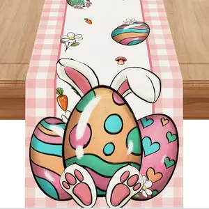 1pc,Easter Decorations Set, Easter Egg Bunny Table Runner, Spring Summer Home Kitchen Dining Room Decoration, Linen Material, 1 Piece, Dining Table Centerpiece