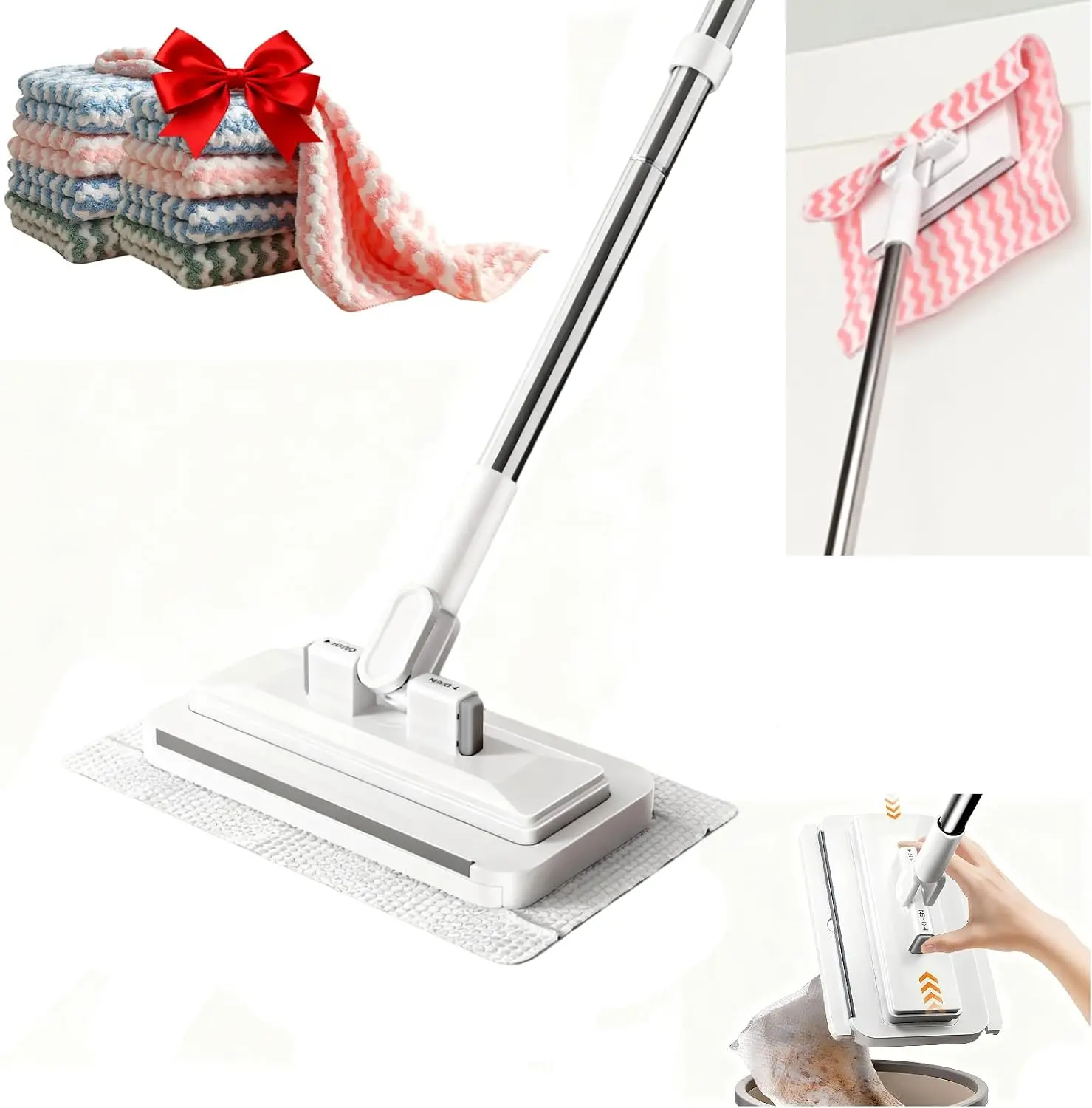 Compact Snap-On Mini Mop with Narrow Head, 48 in Steel Adjustable Handle, 0-Touch Auto Grip, No-Bending Pad Change, PE Plastic Disposable Tissues/Wipes/Old Cloths Compatible, Wet-Dry Home Cleaning Mop with Hair Removal