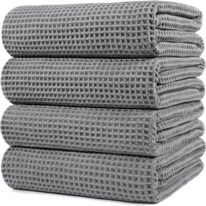 Microfiber Oversize Quick Dry Lint Free Bath Towel, 60 x 30 in, 4 Pack (Gray, Waffle Weave)