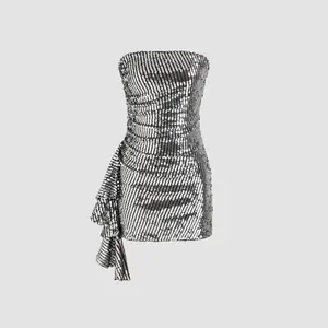 Cider [2 colors, size 0-10] Sequin Strapless Solid Ruffle Hem Mini Dress
