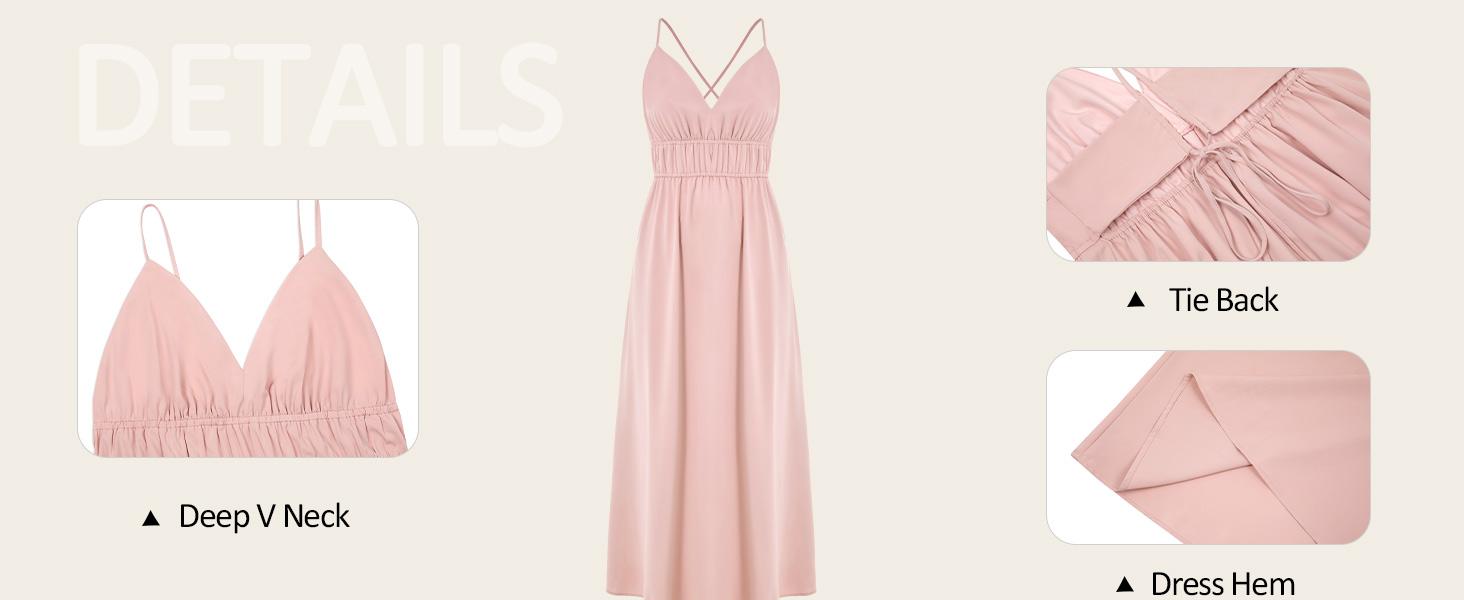 Yousify Women's Deep V-Neck Sleeveless Spaghetti Strap Ruched Flowy Maxi Sundress, Casual Wear Long Dress for Women, Basic Minimalist Plain Summer Beach Outfit