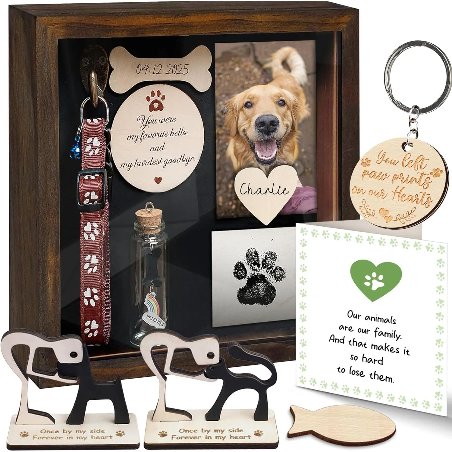 8.6'' Pet Memorial Shadow Box Rustic Collar Holder Picture Frame Paw Print Kit Dog Wooden Sculpture Pet Hair Fur Jar Cat Memorial Keychain Dog Sympathy Card Gift for Pet Lovers