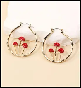 Large red mushroom hoop - Earrings - Gold - 2"
