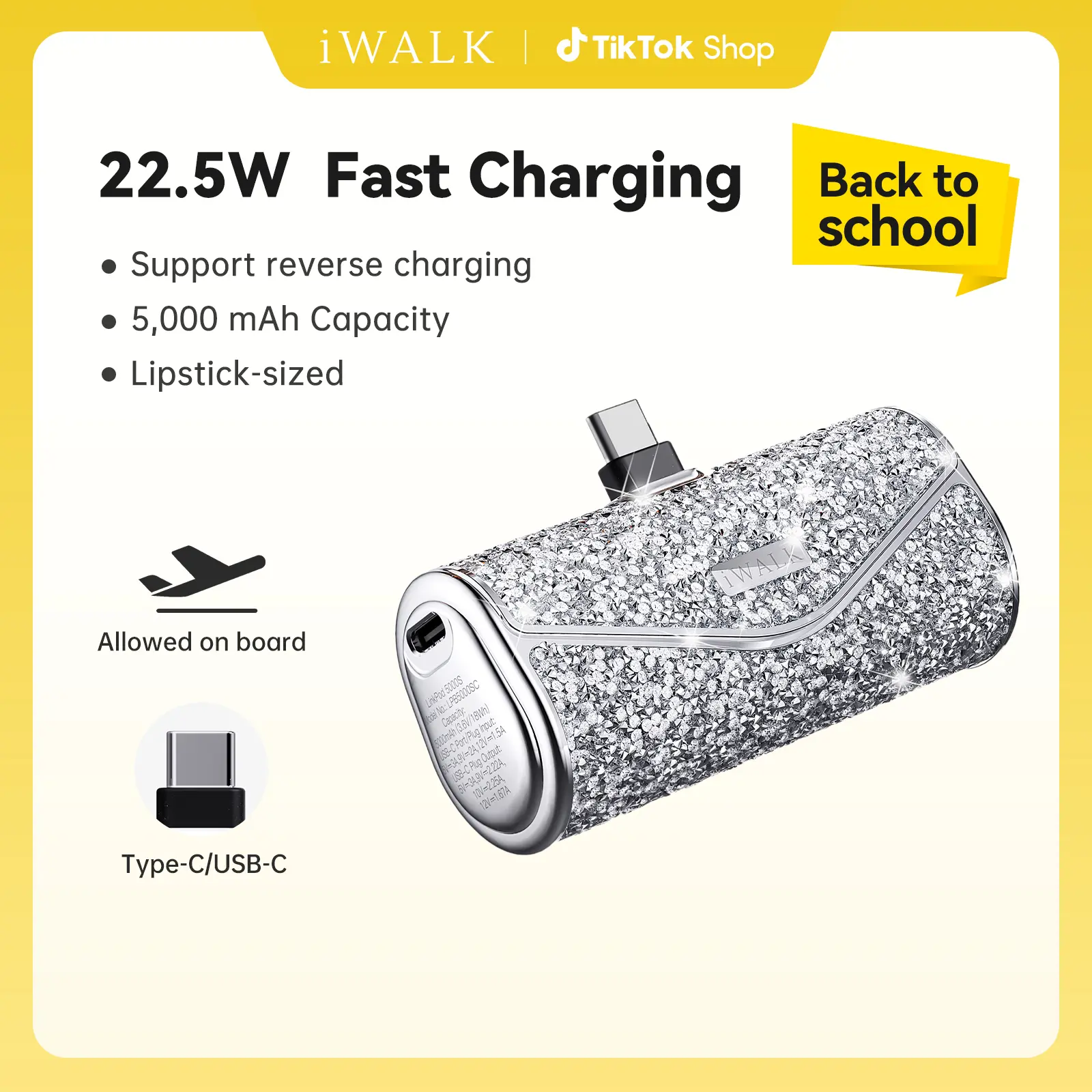 iWALK Sparkly Portable Power Bank - 22.5W 5000mAh Mobile Charger, Compact USB-C Cable Connector, USB Dual Power Fast Charging for iPhone 17/16/15, Durable Lithium Battery Travel Stuff, Mini Gadgets for Purse, Phone Accessories