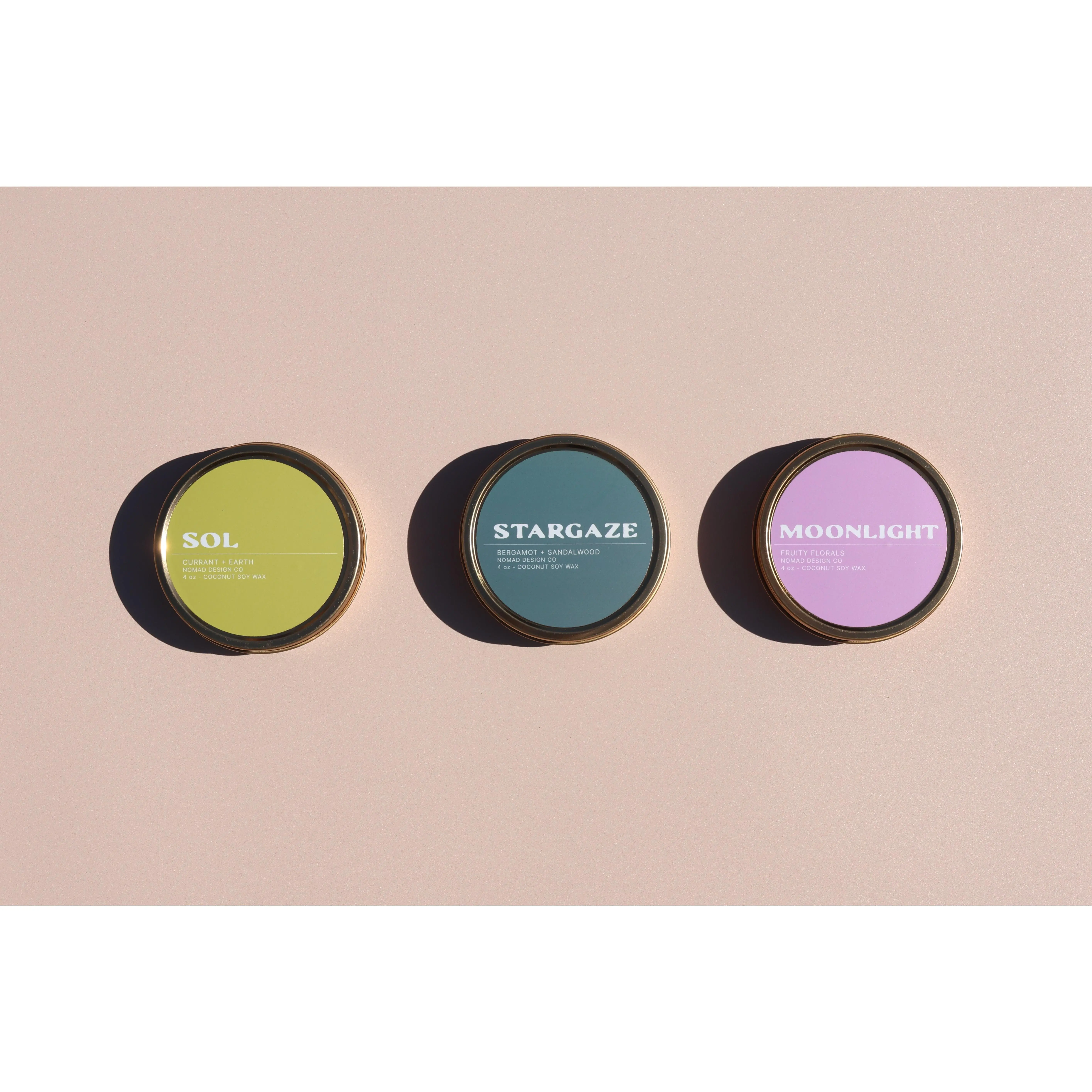 Nomad Design Co Best Sellers Travel Tin Candle Set | Stargaze, Sol, Moonlight | 3 Mini 4oz Coconut Soy Candles