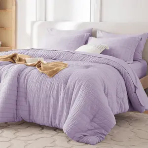 7 Full Comforter Set, Seersucker Bed in a Bag Full Size, All Season Luxury Bedding Set with Comforter, Flat Sheet, Fitted Sheet, Pillowcases & Shams, Lavender