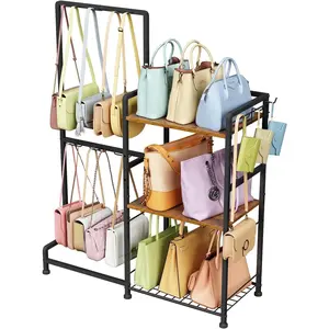 Purse Storage Organizer for Women, 3-Tier Max Purse Storage Stand Rack Holder & Bag Shelf for Closet,12 Fixed Hooks& 3 Side Hooks,Keeping Purses Visible,Purse Display & Bag Organizer for Various Bags