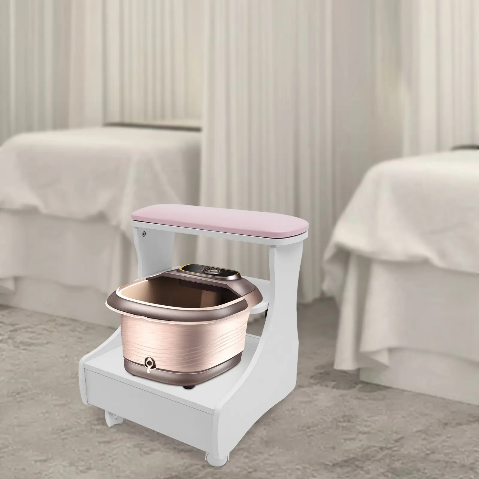 Foot Bath Stool 52x41x55cm, White Pink Salon Pedicure Chair with 4 Wheels for Beauty Clinic Home, 20kg Capacity