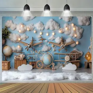 Airplane Pattern Party Banner, 1 Count Retro Airplane Theme Party Decoration, Photo Props Background Cloth, Indoor & Outdoor Home Background Decoration, Ornaments