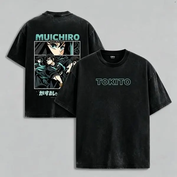 Muichiro Tokito Vintage Washed Tee | Double Sided Demon Slayer Oversized T-shirt, Mist Hashira Anime Graphic Streetwear Top, Soft Cotton Casual Shirt, Ideal Gift for Demon Slayer Fans，funny graphic tee, men’s trendy t-shirts,