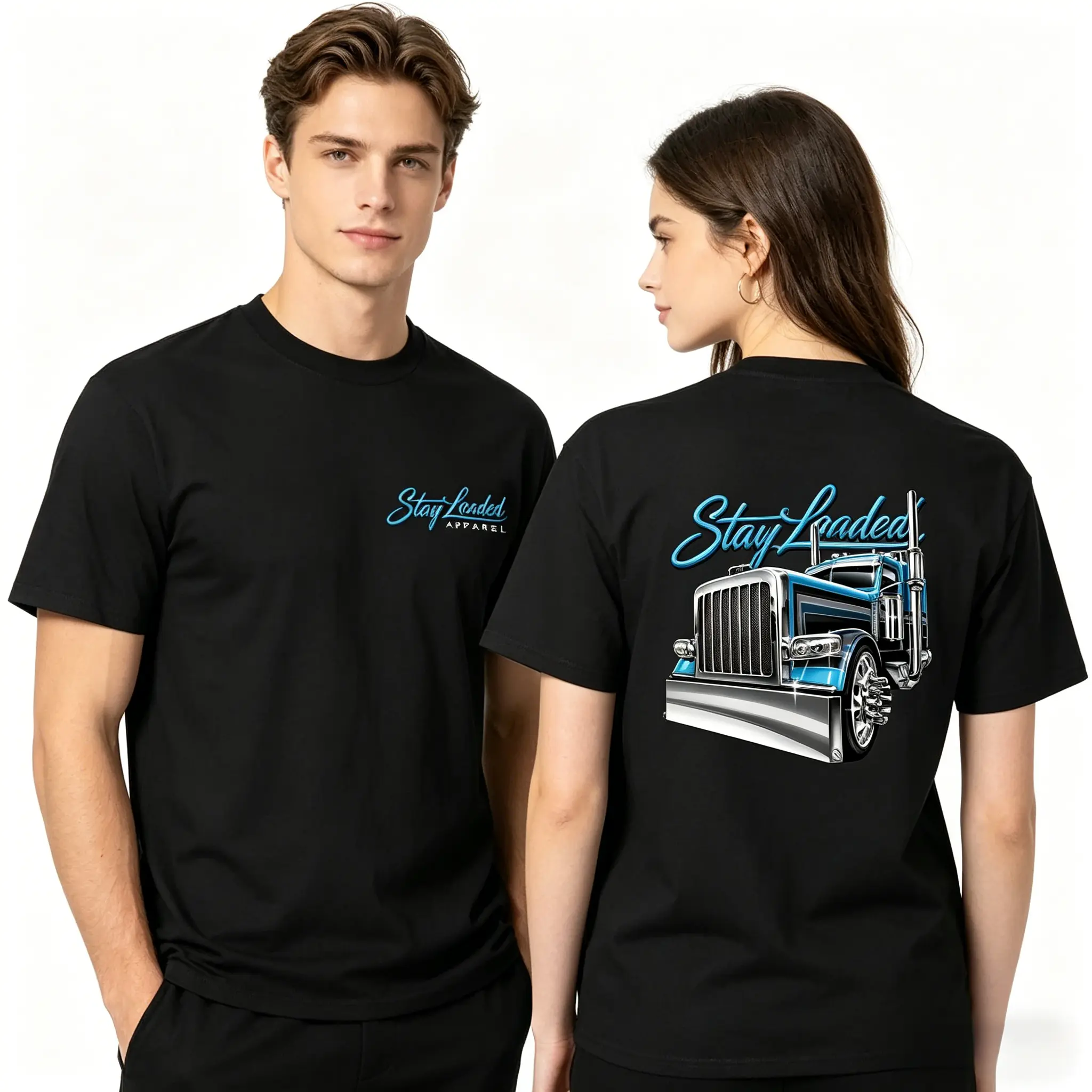 Men's Tshirt, Blue Trucker Style Shortsleeve Top with Semi Truck Graphic - Fashion Apparel Gift for Chinese New Year, Streetwear, Valentines Day, Round Neck, Childrens Day, Soft Cotton