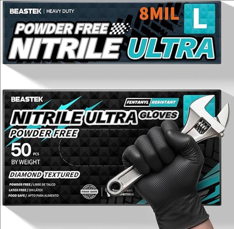 Nitrile Disposable Gloves, 8Mil Latex & Powder Free Chemical Resistant Heavy Duty Food Safe Diamond Glove Black 50Pcs