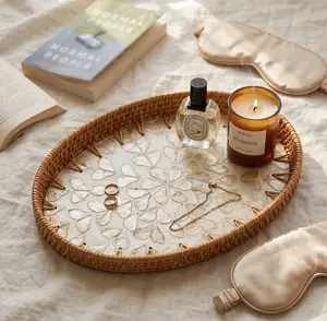 The Artisanal Champagne Leaf Shell & Woven Rattan Tray (Large)