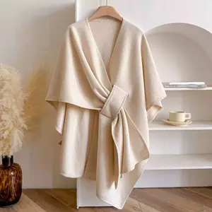 Beige Women's Tie-Front Wrap Shawl Ultra-Soft Cozy Outerwear Versatile Stylish Layering Shawl for Fall & Winter Dreamy Beige Timeless Camel