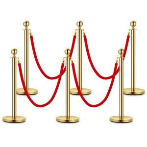 GARVEE 6 PCs Gold Stanchion Posts with 5ft Red Velvet Ropes, Stainless Steel Retractable Barrier Set for Crowd Control at Events, Parties, Theaters, Museums - Includes 6 Posts & 4 Ropes