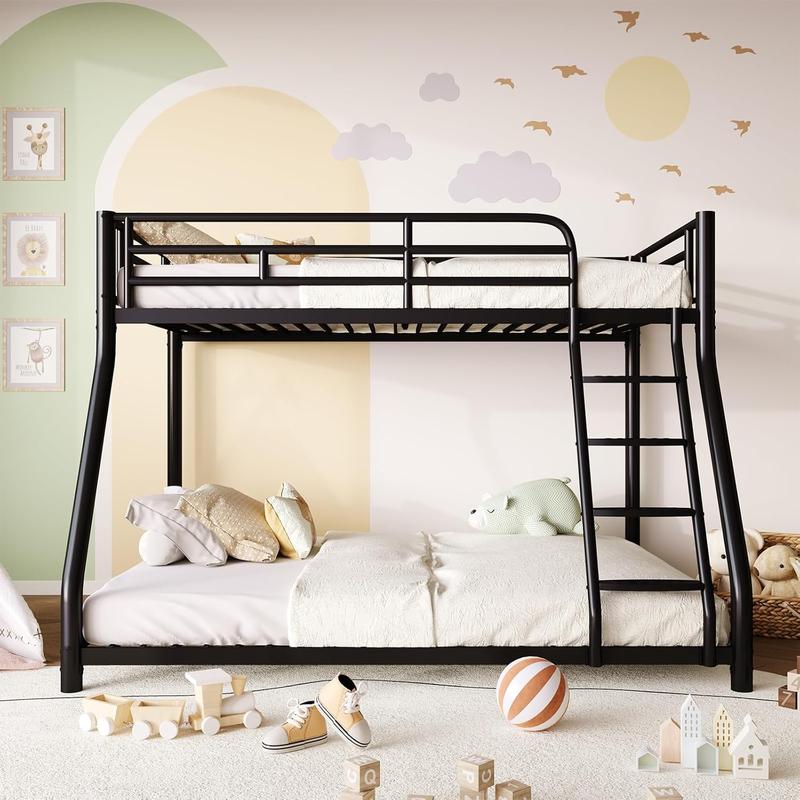 Metal Twin Over Full Size Bunk Bed for Adults & Kids,Twin Over Full Bunk Beds, Low Profile Bunkbeds with Length Guardrail and Ladder, No Box Spring Needed,Space Saving,Black