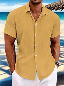 Men's Pure Color Linen Collared Short Sleeve Button Front Shirt, Loose Fit Lightweight Breathable Textured Button-Up, Casual Short Sleeve Knit Top for Office and Outdoor