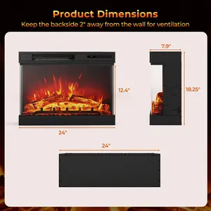 COSTWAY - 24 Inches 3-Sided Glass Electric Fireplace Heater with Remote Control