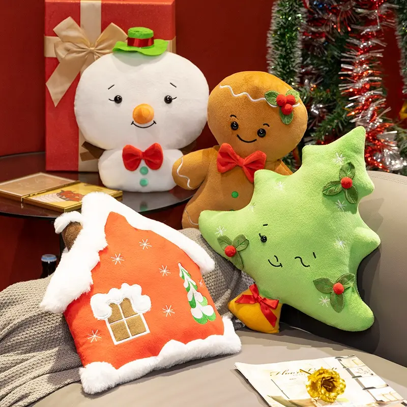 Cartoon Cute Christmas Gingerbread Man Stuffed Animal Plush Doll - Furry-Textured, Red Bow-Adorned, Green Star, Snowflake Designs, Collectibles, 11.5-15 Inches, House Decoration, Ideal for Holiday Gifting, Ages 12+