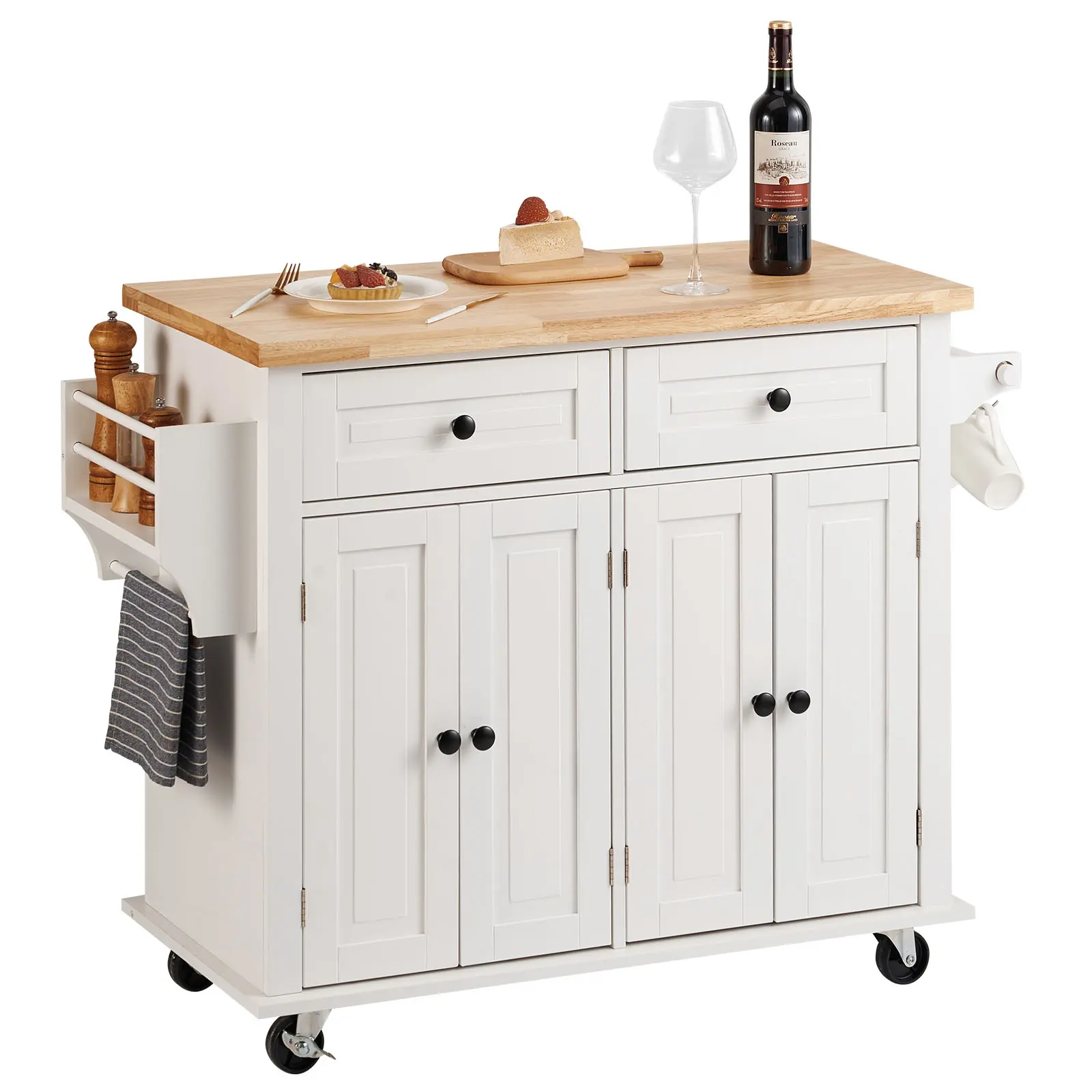 【SummerFinds】VEVOR Kitchen Island Cart with Solid Wood Top,  35.4" Width Mobile Carts with Storage Cabinet, Rolling Kitchen Table with Spice Rack, Towel Rack, and Drawer, Portable Islands on Wheels, White