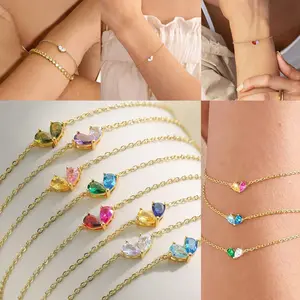 Dainty 2 Birthstones Gold Bracelets for Women, 14K Gold Plated Heart CZ Bracelet, Non Tarnish Delicate Jewelry Gift for Mom Daughter, Anniversary Birthday Present