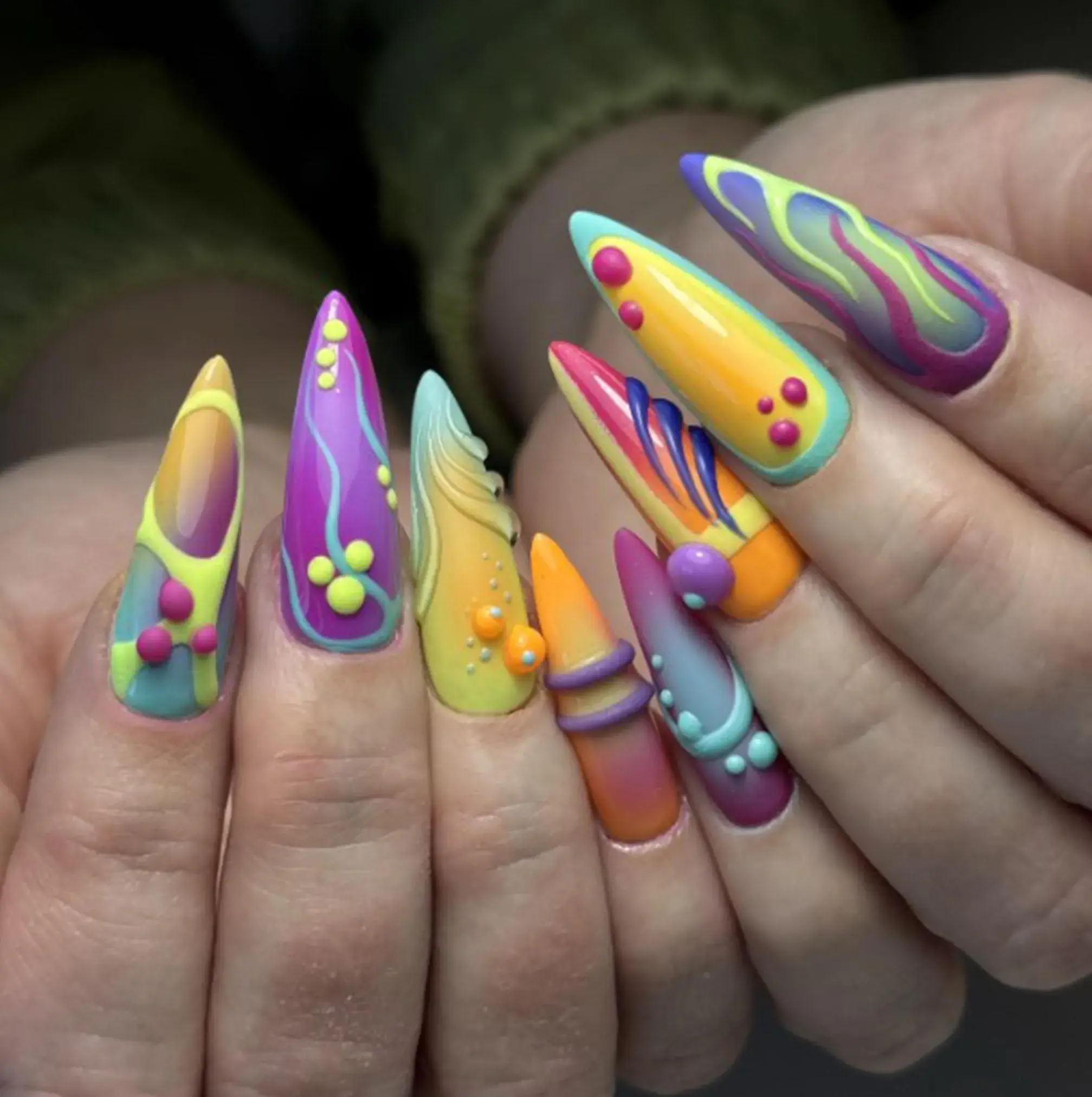 Handmade Trippy Abstract Press On Nails | 3D Neon Sculpted Pop Art Nails | Vibrant Gradient Cyberpunk Stiletto Nails