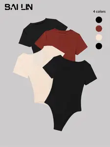 Women's Plain Textured Ribbed One Piece Bodysuit, Summer Clothes Women, Casual Basic Solid Short Sleeve Bodycon Bodysuit, Women's Clothing for Daily Wear