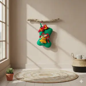 Handmade 12" Festive Felt Stocking with Bell &amp; Floral Accents