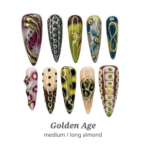 Lilynailsart | Golden Age Press On Nails – Medium & Long Almond – Vintage Gold & Abstract Nails