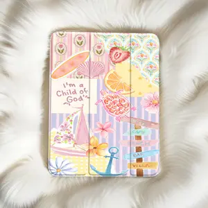 Aesthetic Summer-Themed Background Featuring a Pink Sailboat And Sea Turtle Collage, Designed for a Stylish Clear Tablet Case That Holds a Pencil (Pen Not Included).This Auto Wake/Sleep Protective Cover Is Compatible with Various for Ipad Generatio