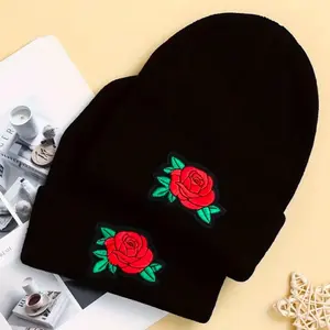 Couples Red Rose Beanie Hat Set - Soft and Comfortable Beanie Hats with Red Roses, One Size Fits Most Adults, Perfect for Warm Weather