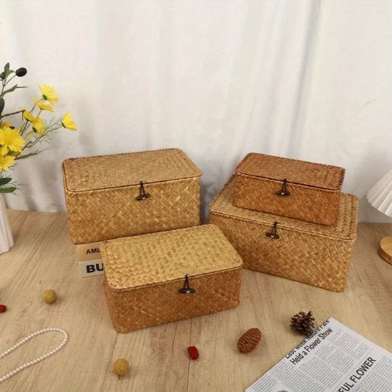Handmade vintage straw storage rack basket, desktop storage box, gift box, bathroom storage basket, underwear storage box