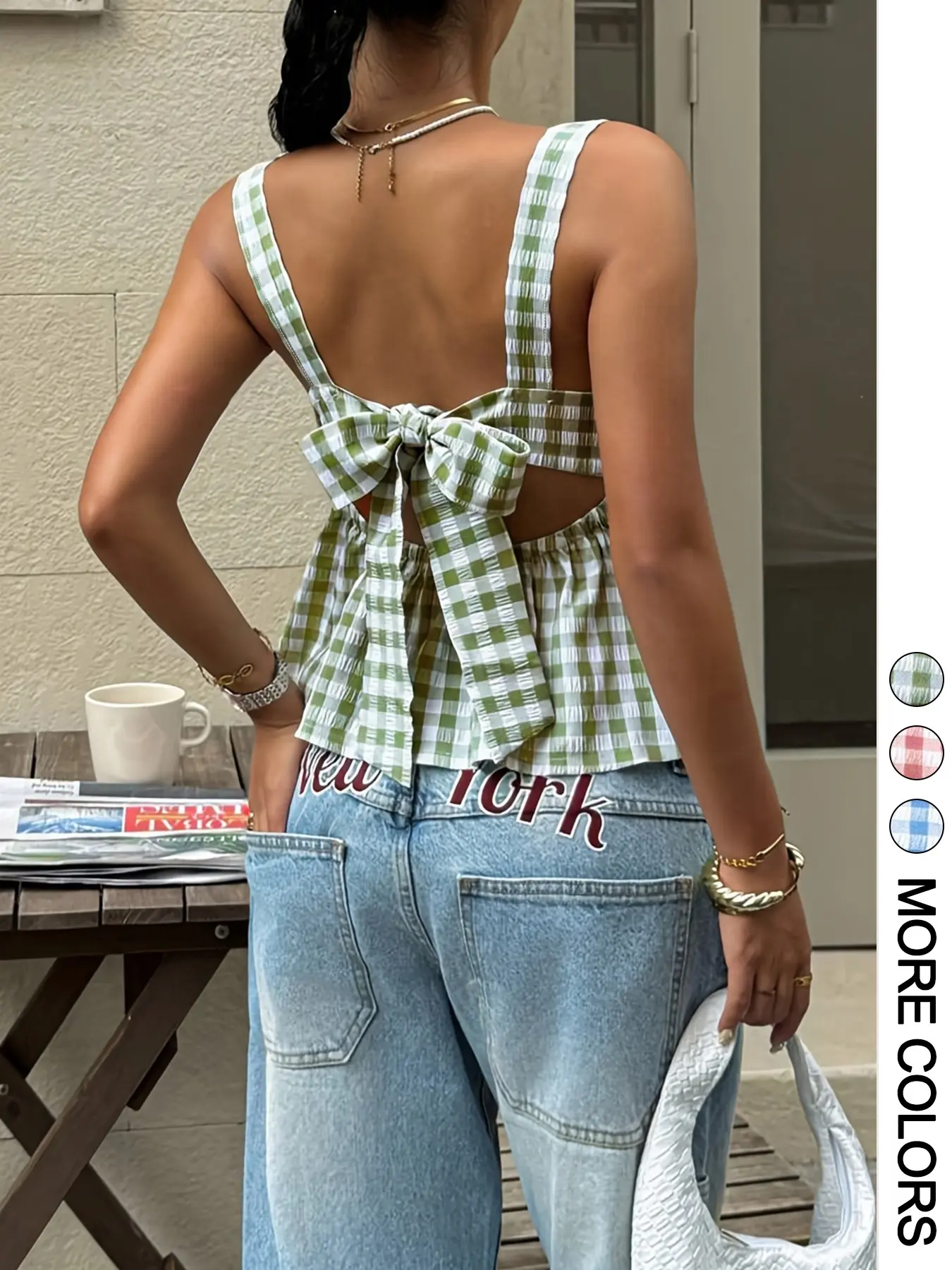 Women's Rustic Plaid Square Neck Pleated Strap Top, Fashion Loose-Fit Casual Wear for Summer, Womenswear