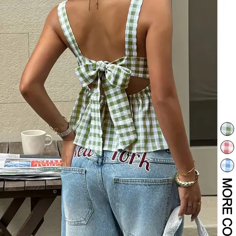 Women's Rustic Plaid Square Neck Pleated Strap Top, Fashion Casual Elegant Sleeveless Everyday Loose-Fit Casual Wear for Summer, Womenswear