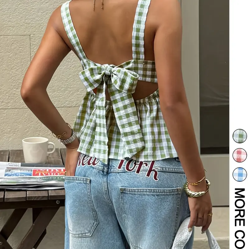Women's Rustic Plaid Square Neck Pleated Strap Top, Fashion Casual Elegant Sleeveless Everyday Loose-Fit Casual Wear for Summer, Womenswear