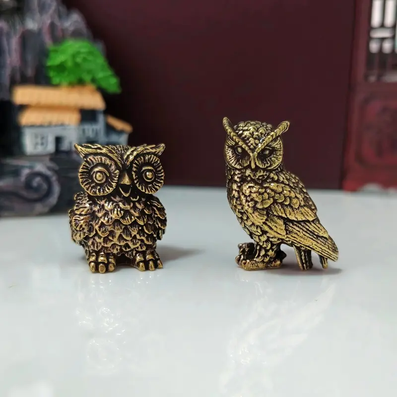 Brass Hollow Owl Figurine Animal Design Home Car Office Desktop Decoration Figurines Decor Decorative Sculptures Craft Gift Small Animal Statue Ornament Decoration Figure