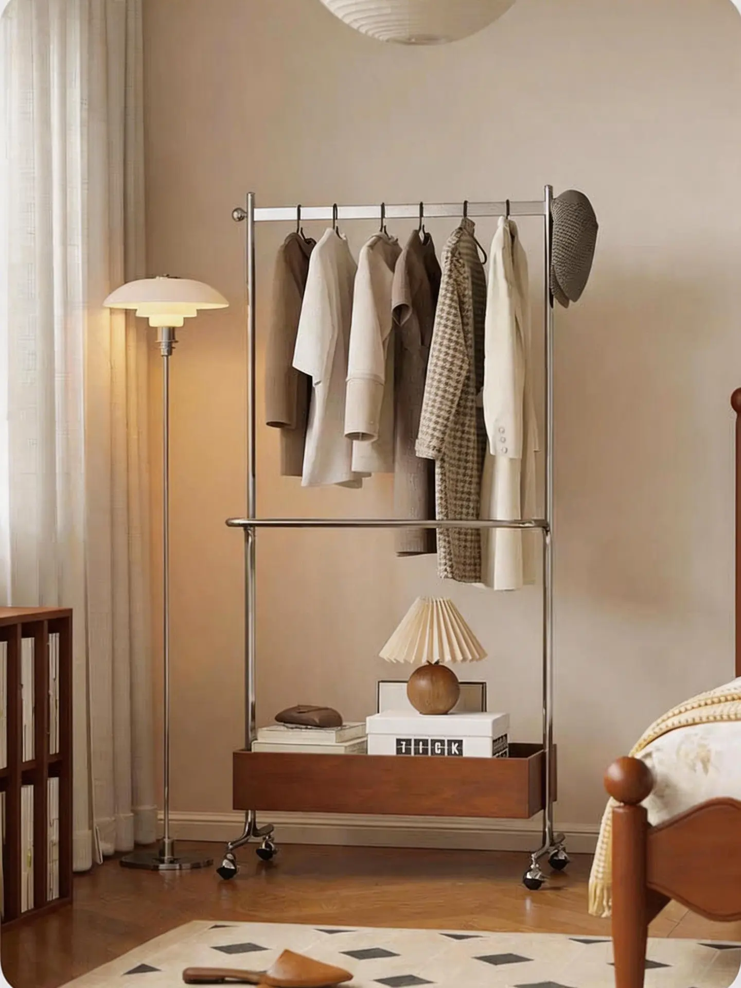 Modern Chrome Double-Rail Rolling Garment Rack - Heavy-Duty Metal Clothes Hanging Stand with Wooden Storage Basket, Wheels for Bedroom