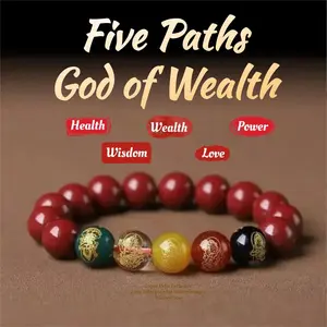 Five Fortune Gods Prosperity Bracelet with Cinnabar Beads for Wealth Attraction & Positive Energy - Taoist Master Blessing Chinese Feng Shui Elegant Bangle Five Elements Balance