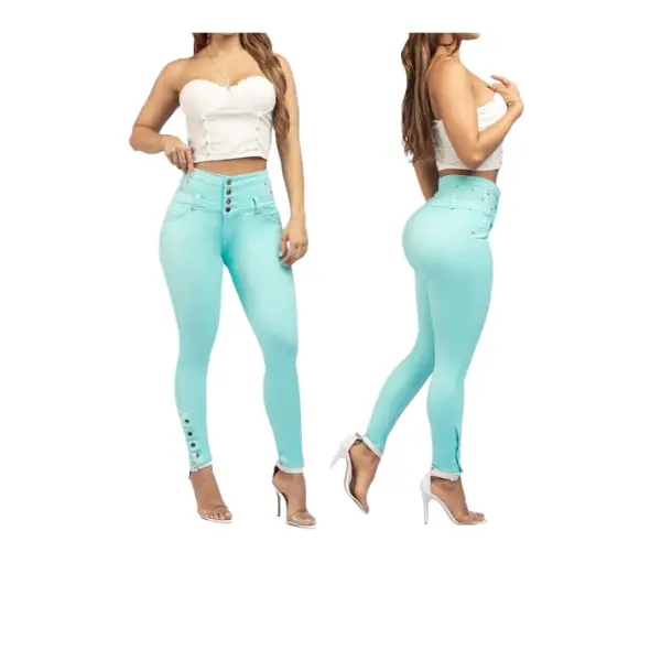 Premium Colombian jeans for women, in turquoise green, without back pockets, with a push-up effect that enhances the buttocks, a four-button elastic waistband, and a slim fit with a sexy and elegant design that accentuates curves. Beautiful denim jeans.