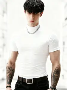 Men's High Neck Sports T-Shirt, Quick-Dry Compression Fitness Top, Short Sleeve, Solid Color, Elastic Fabric, Summer Training Running Tee, Quick Dry Activewear