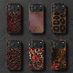 Glitter Leopard Red Cherry Mob Wife Aesthetic Phone Case for iPhone 17, 16, 15, 14, 13, 12, 11 & Samsung S23 - S26, Glam Baddie Gift